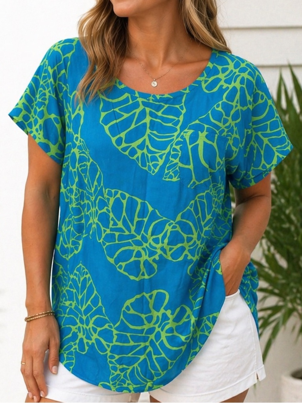 Escapada XL Blue Green Palm Print Kendall Top NWT Tropical Blouse